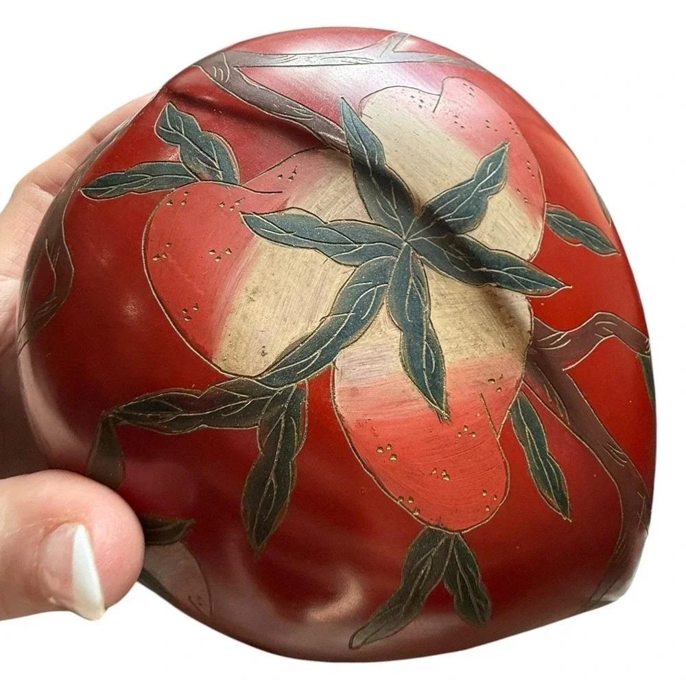 Vintage Japanese Red Lacquer Box Floral Trinket Bowl‎ Lidded Wood Decor